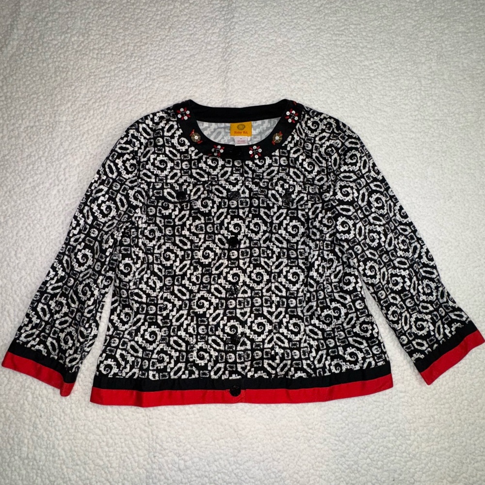 Ruby Rd. Black and White Cardigan with Red Trim